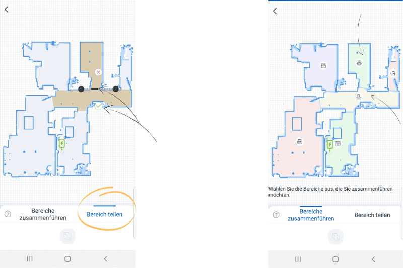 Raumtrennung bzw. Raum-Zusammenführung wird in der Ecovacs Home App praktiziert